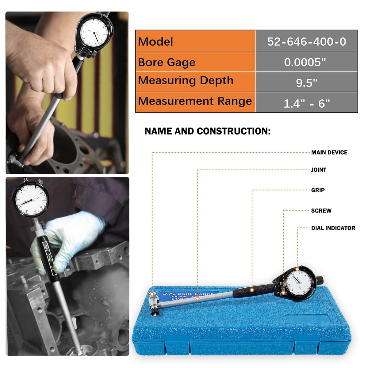 52-646-400-0 Cylinder Dial Indicator Bore Gauge Gage 1.4" To 6" Measuring Range