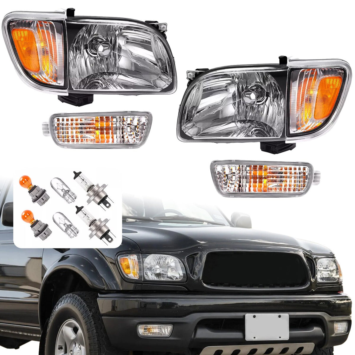 Pair Headlights Corner Signal Lights Lamp w/All Bulbs For Toyota Tacoma 2001-04