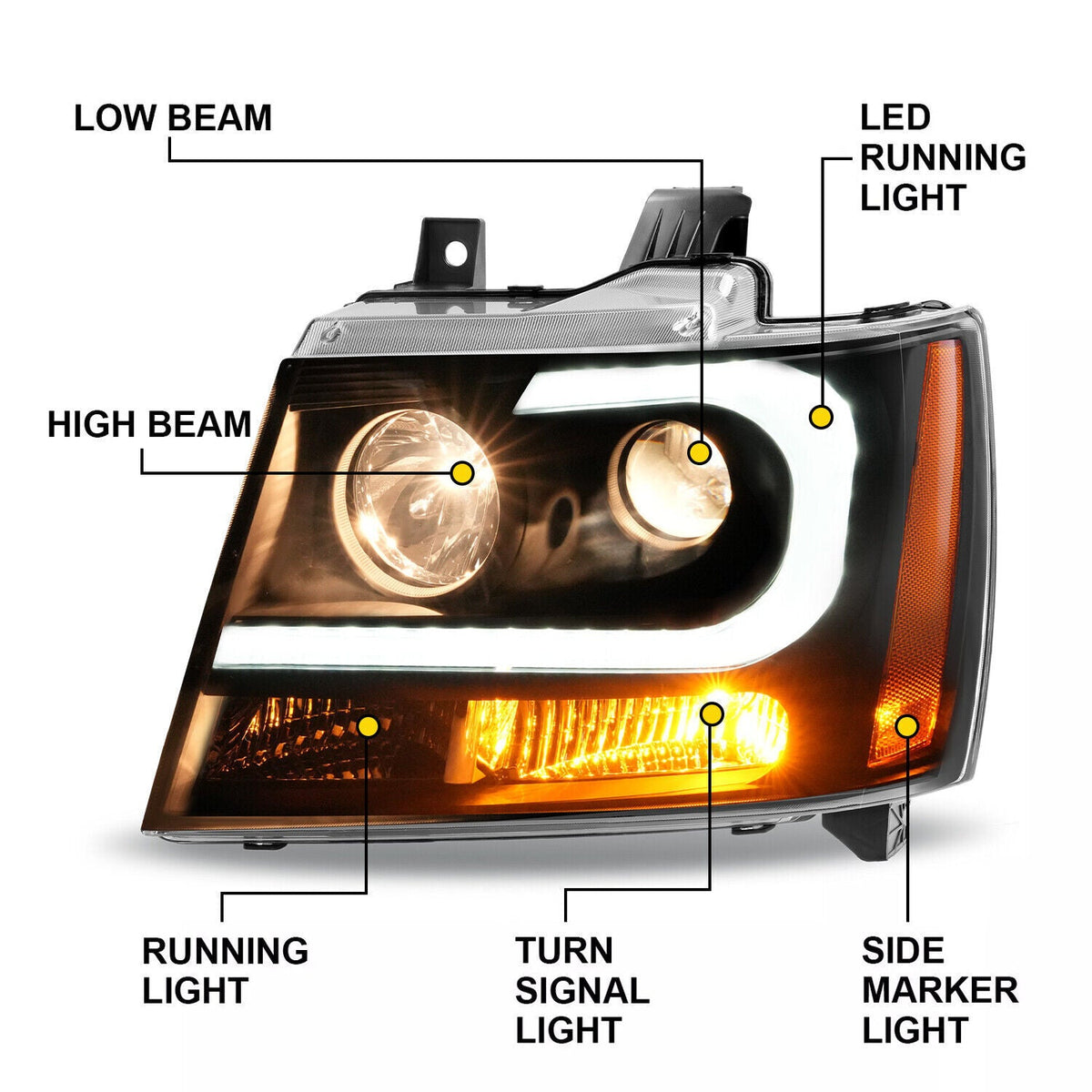 For 2007-14 Chevy Tahoe Suburban Avalanche LED DRL Projector Headlights Assembly