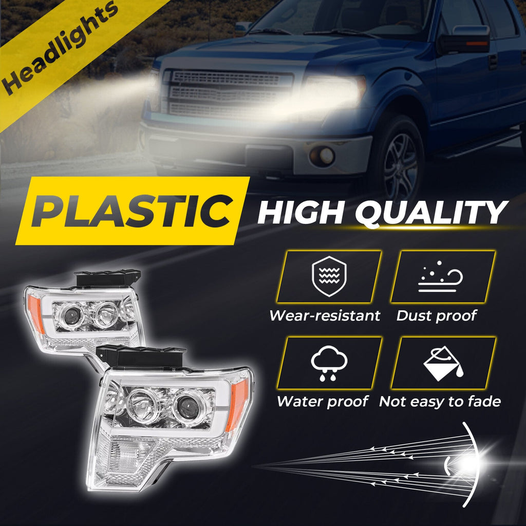 Projector Headlight Assembly Fit Ford F150 F-150 2009-2014 Chrome DRL LED Tube