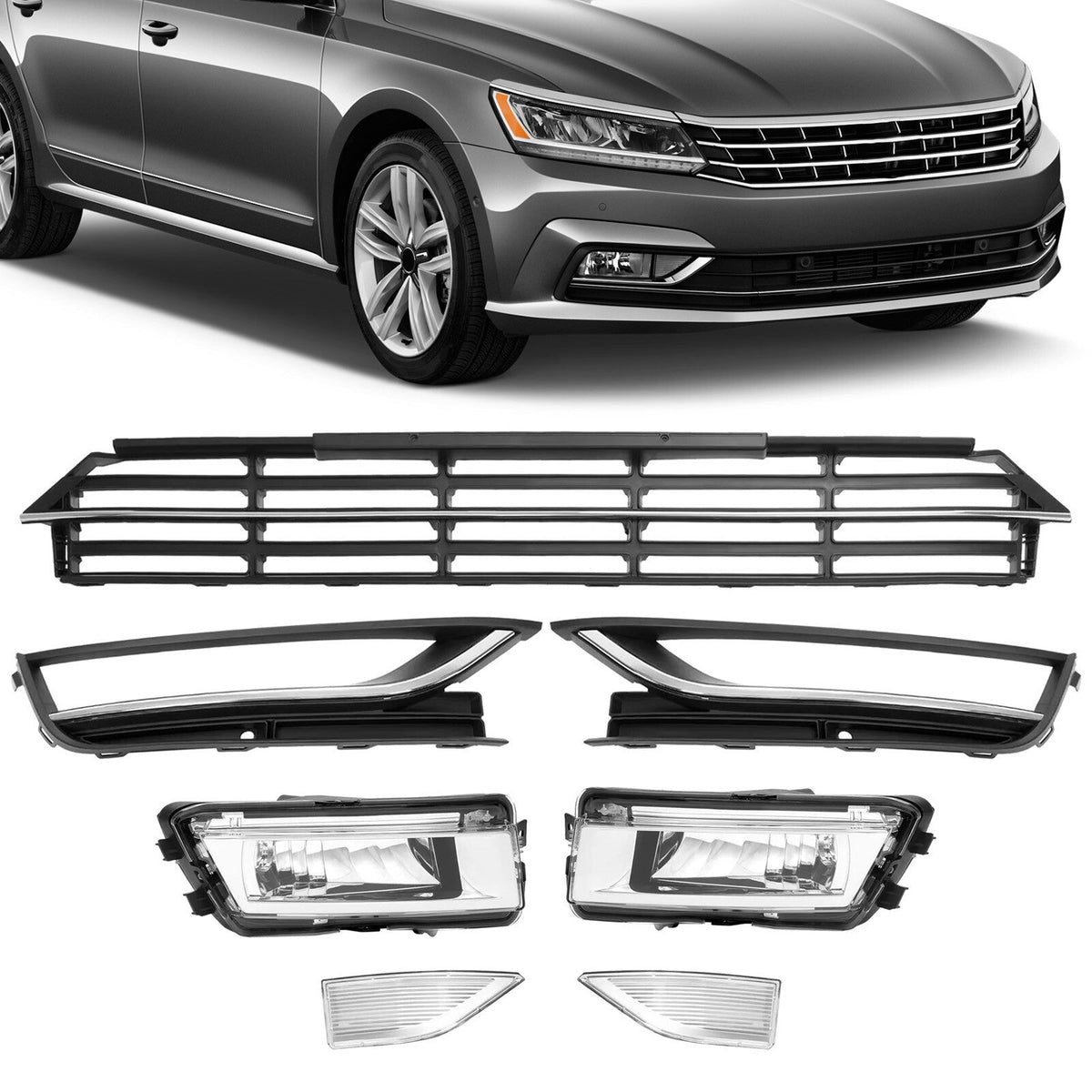 For VW Passat 2012-2015 Front Bumper Fog Lights Corner Lamp & Lower Grille 7PC