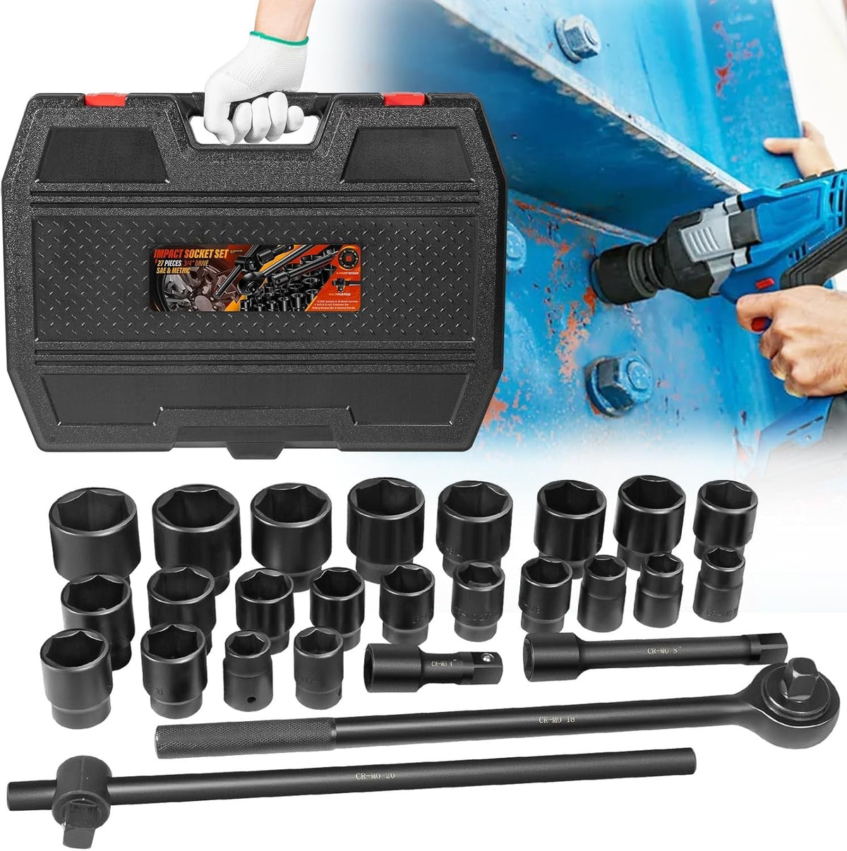 3/4" Drive Deep Impact Socket Set 27Pcs SAE 7/8"-2" Metric 22-50 MM Standard Kit