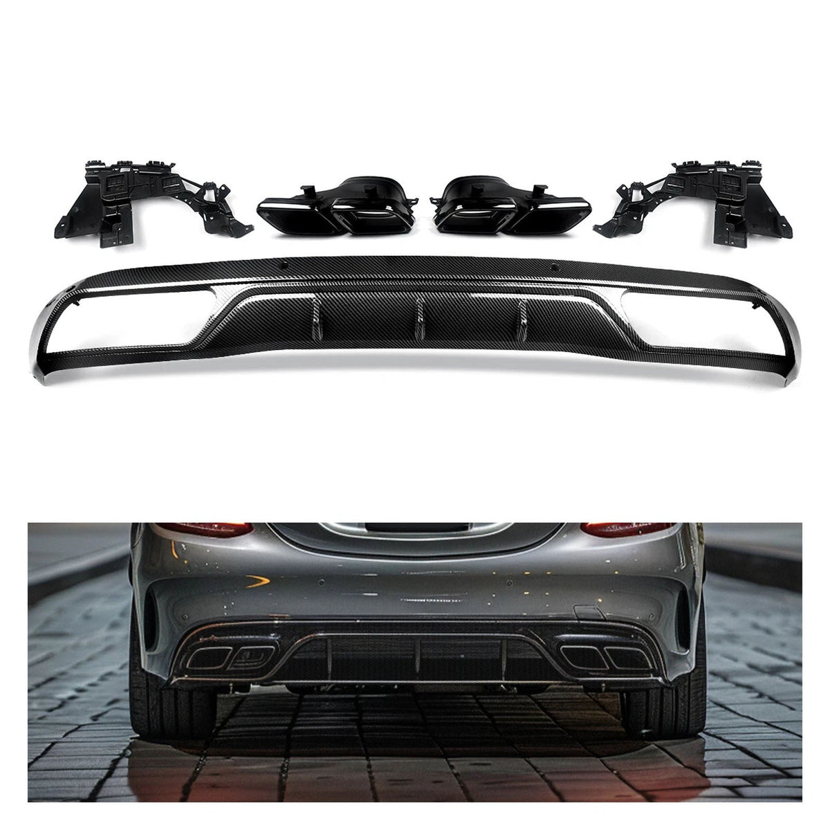 Rear Carbon Fiber Color Bumper Diffuser+Exhaust Tips Fit Benz W205 Sedan 15-18
