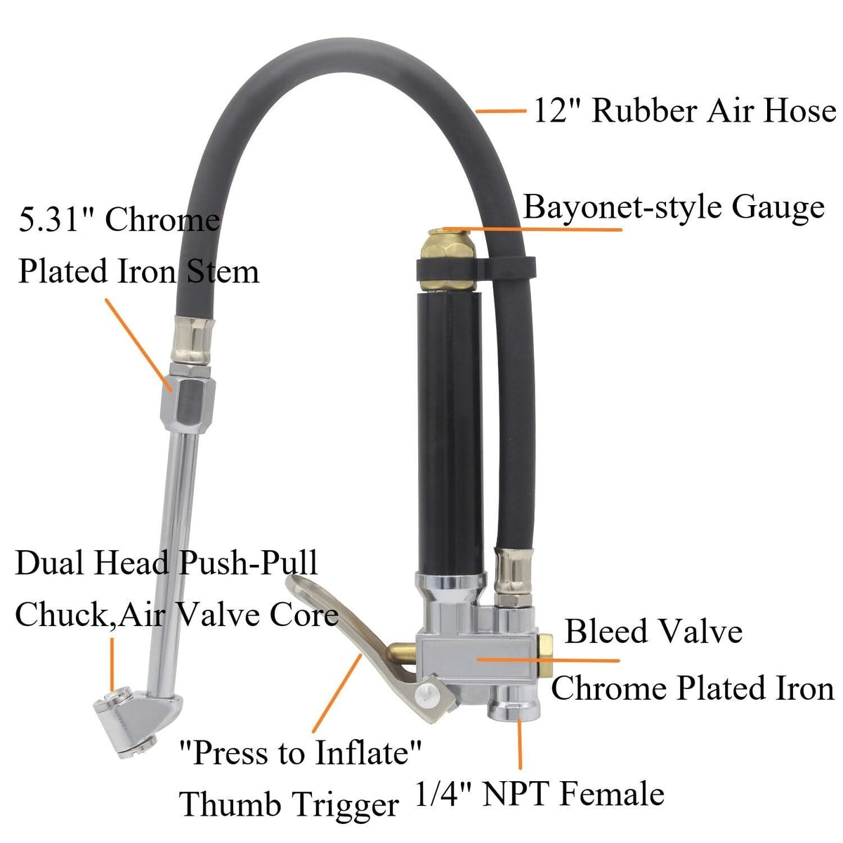 Air Tire Inflator With Pressure Gauge (10-120 PSI) Dual Head Chuck for Car Truck