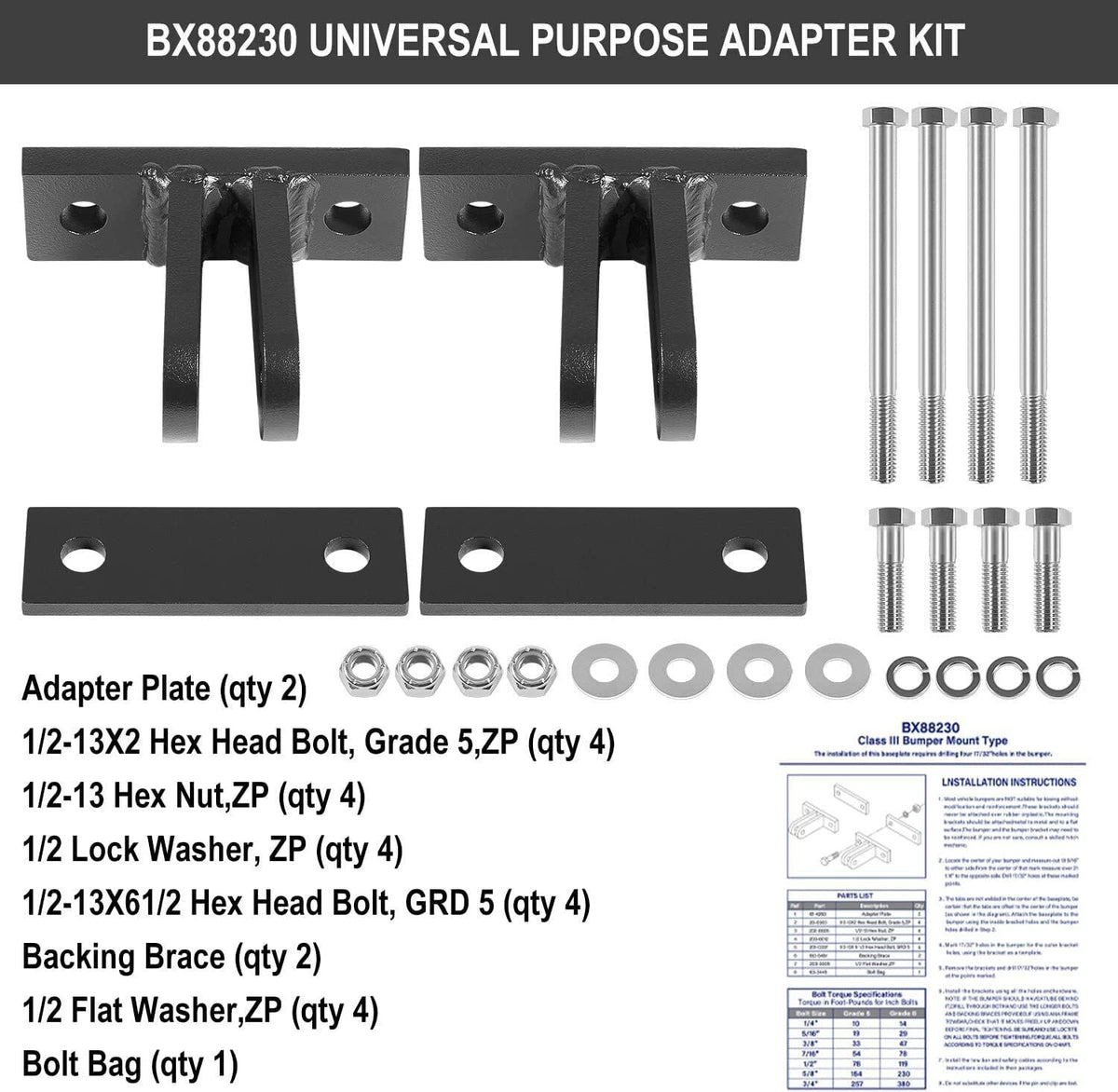 For Blue Ox BX88230 Bolt-On Adapter Class III Universal BX Tab Tow Bar BasePlate