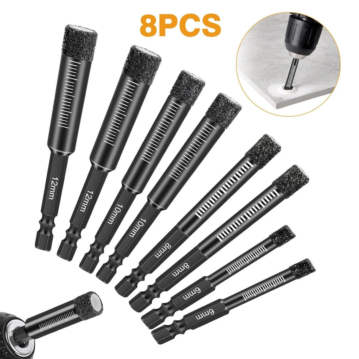 8x Dry Diamond Drill Bit Hole Saw Set for Granite Marble Porcelain Tile Ceramic