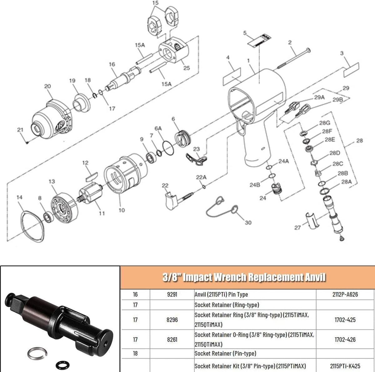 3/8" Impact Wrench Replacement Anvil for Ingersoll Rand IR2112 & IR2115 Series