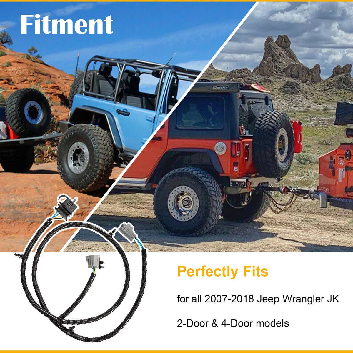 For 07-18 Jeep Wrangler JK 70.5" 4-Way Tow Hitch Trailer Wiring Harness 92015