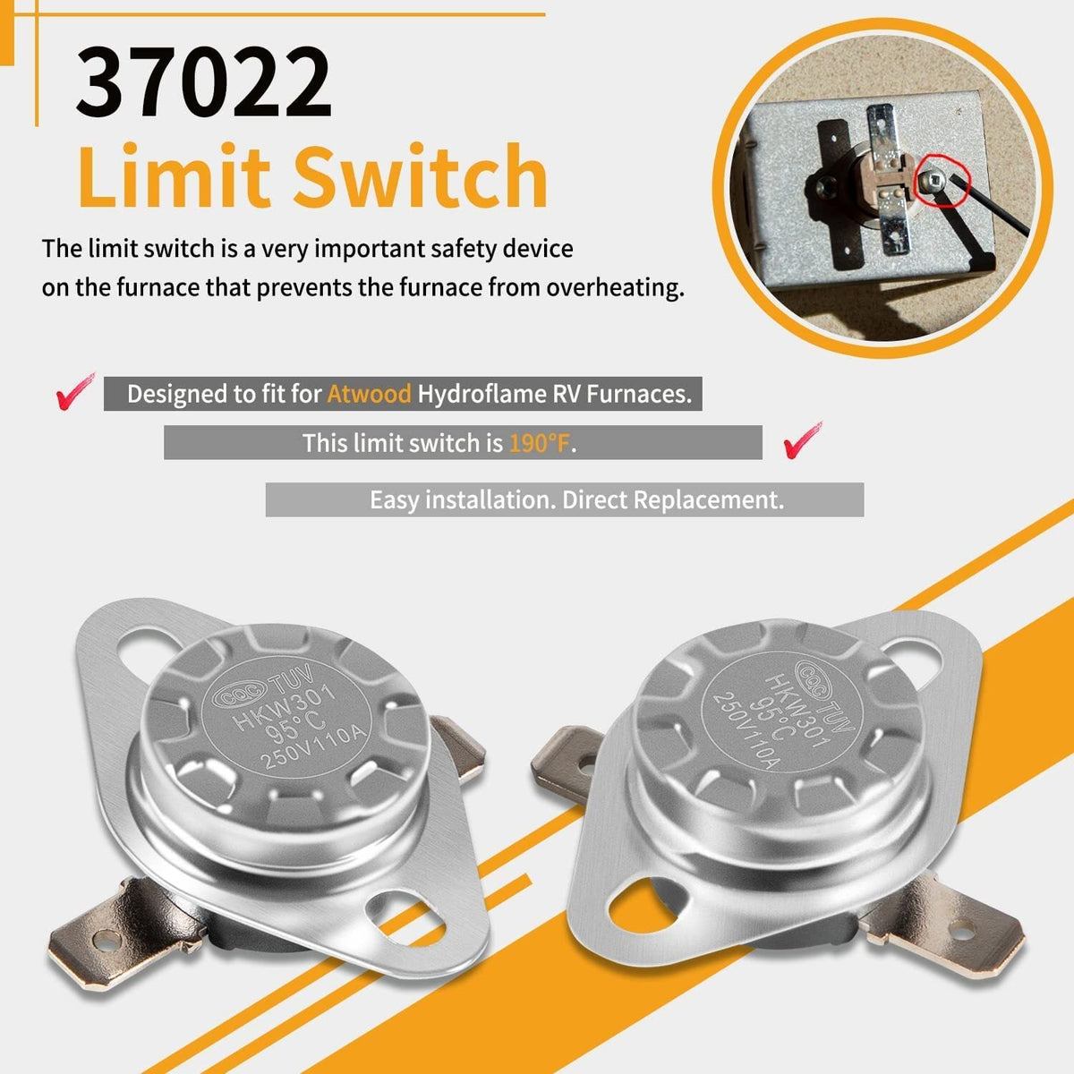 37022 Limit Switch for Atwood RV Furnace 85-III, 85-IV, 1522, 2334, 8516, 8520