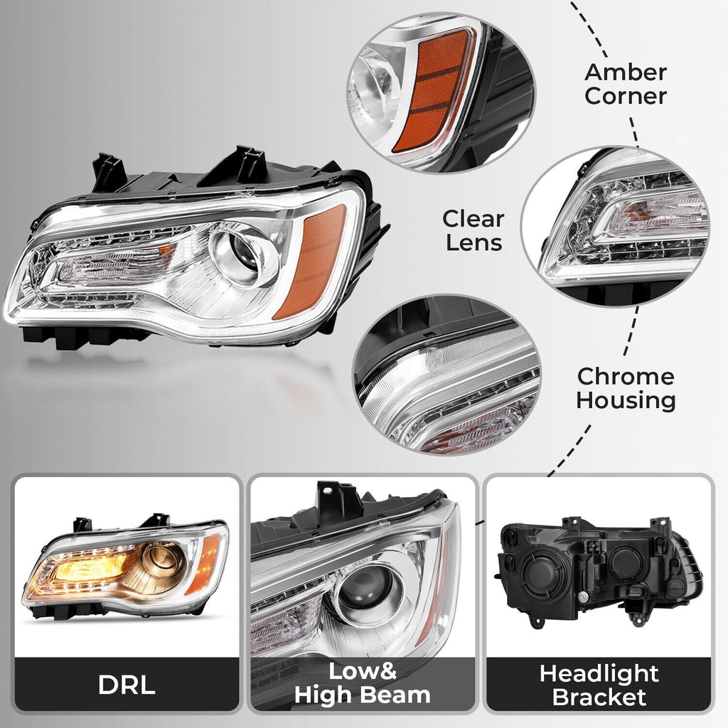 Chrome Bezel LED DRL Headlight Headlamp Driver Side For Chrysler 300 2011-2023