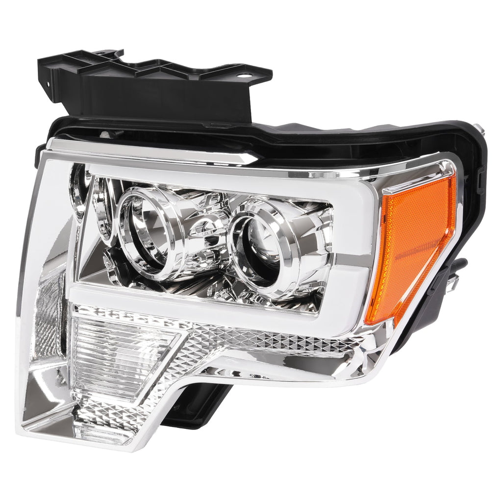 Projector Headlight Assembly Fit Ford F150 F-150 2009-2014 Chrome DRL LED Tube