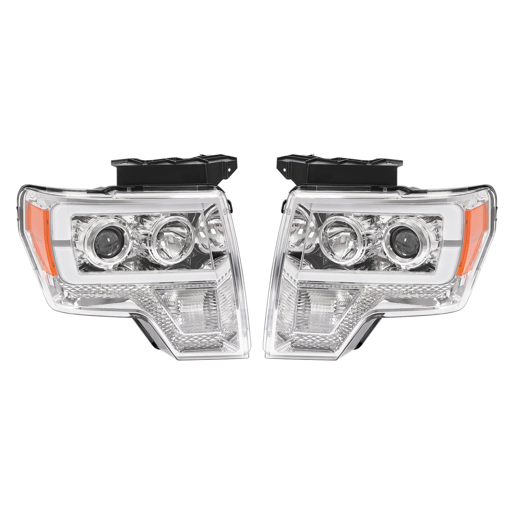 Projector Headlight Assembly Fit Ford F150 F-150 2009-2014 Chrome DRL LED Tube