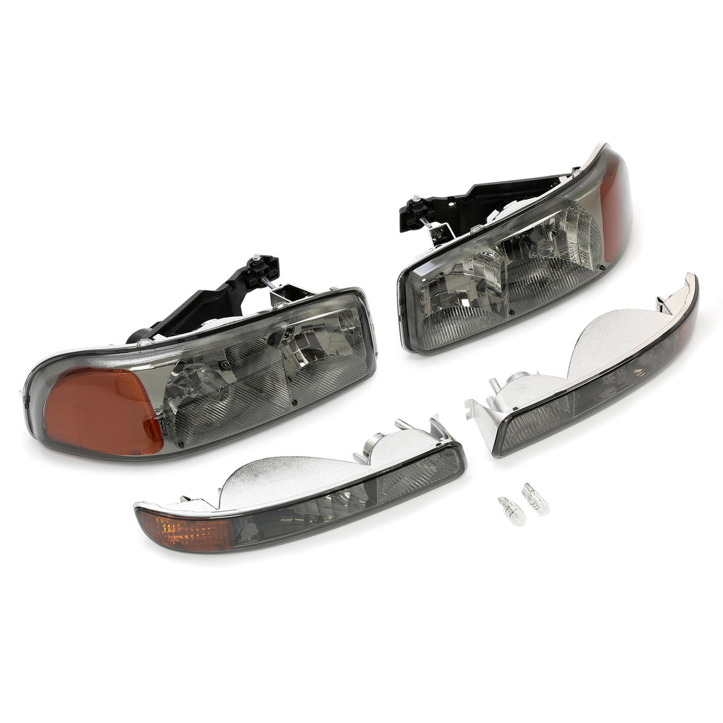Chrome Headlights+Bumper Lamp Smoke Lens For GMC Sierra 1500 Yukon XL 1999-2007
