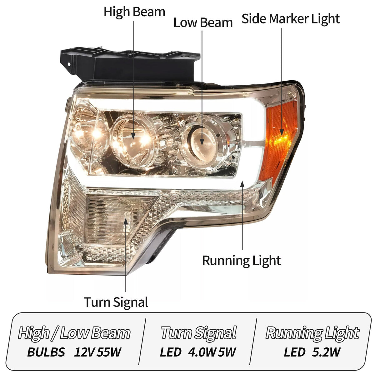 Projector Headlight Assembly Fit Ford F150 F-150 2009-2014 Chrome DRL LED Tube