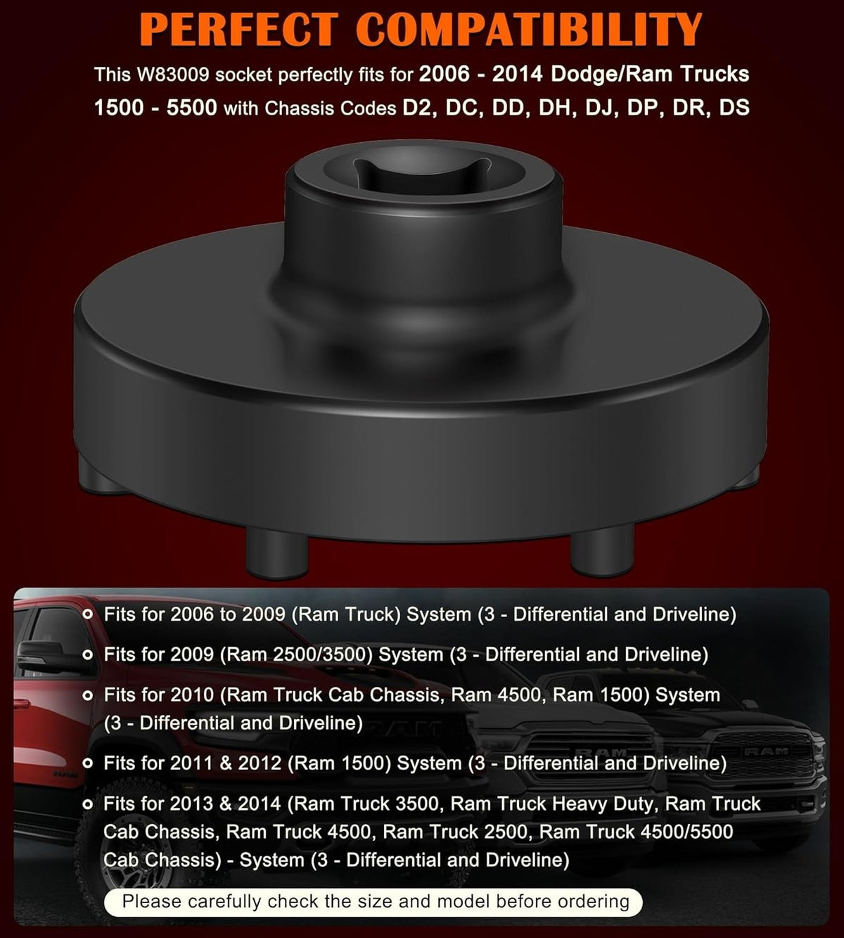 W83009 Heavy Duty 6 Lug Axle Nut Socket for Dodge Ram Trucks 1500-5500 Chasis D2