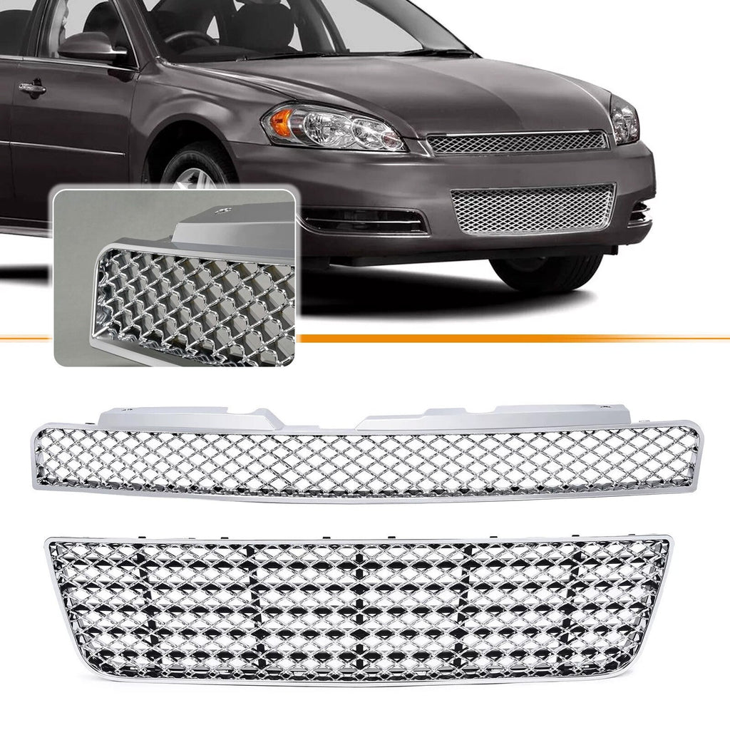 For 06-16 Chevy Impala/Limited Chrome Mesh Style Front Upper+Lower Bumper Grille