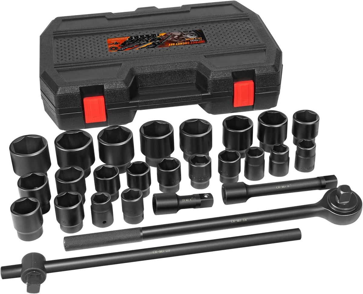 3/4" Drive Deep Impact Socket Set 27Pcs SAE 7/8"-2" Metric 22-50 MM Standard Kit