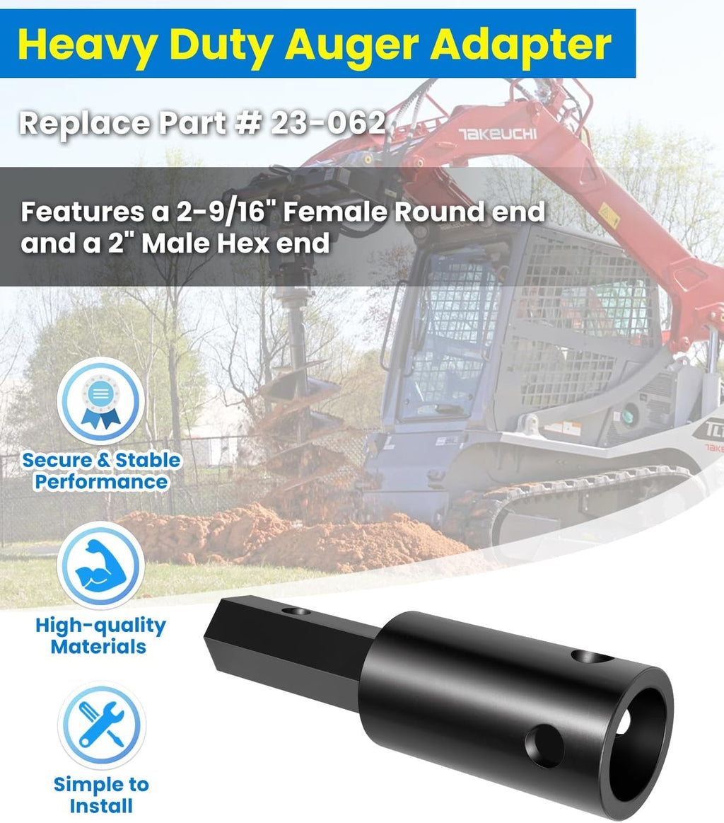 Heavy Duty Auger Adapter 2-9/16" Female Round to 2" Male Hex for Augers