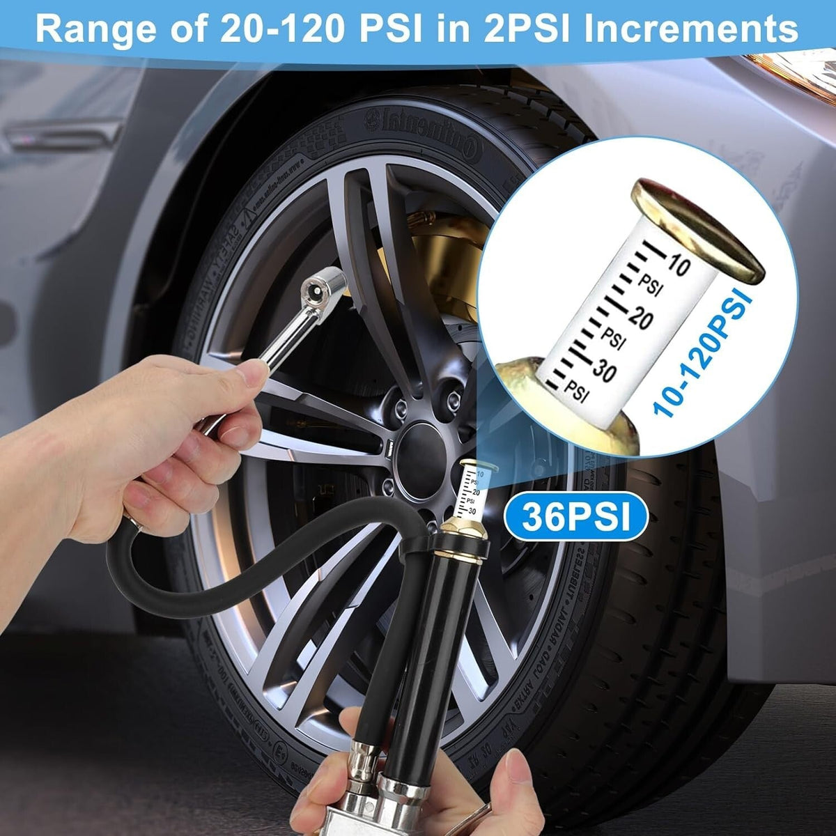 Air Tire Inflator With Pressure Gauge (10-120 PSI) Dual Head Chuck for Car Truck