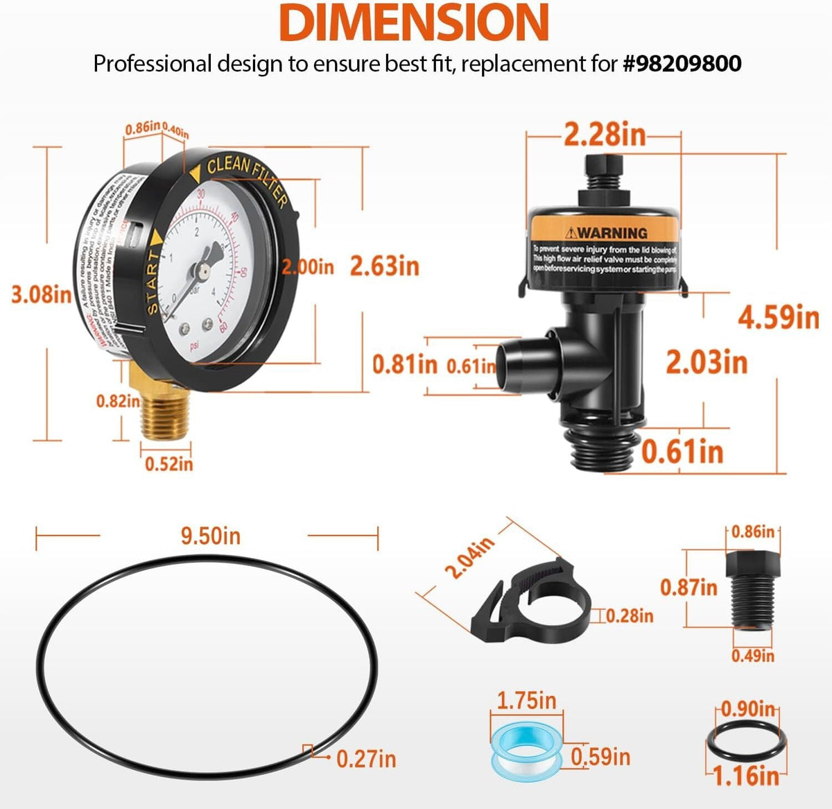 98209800 High Flow Manual Air Relief Valve with Gauge for Pentair Pool Filters