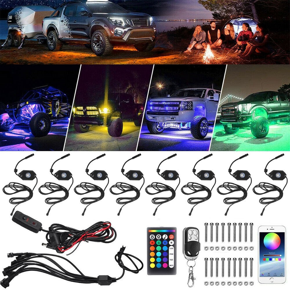 8x Pods RGB LED Rock Light Offroad Wireless Bluetooth APP Music Controller