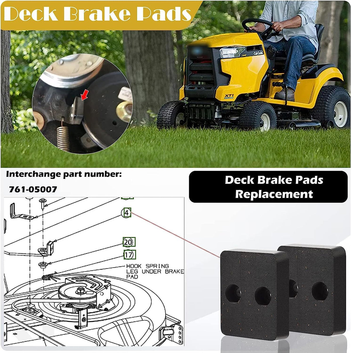 761-05007 Deck Brake Pad for Cub Cadet XT1-LT42, XT1-LT42 C, XT1-LT46, XT2-LX42,