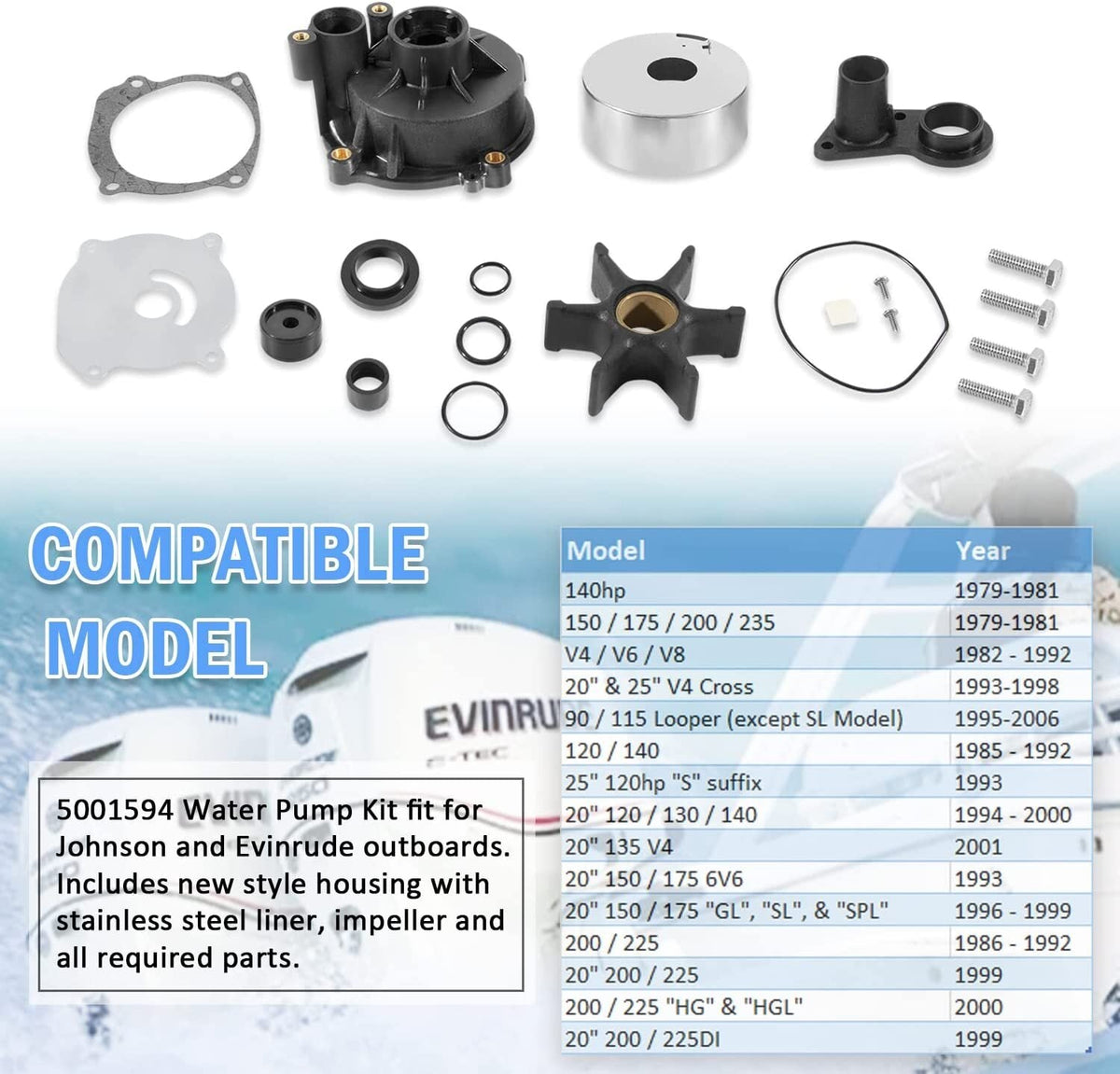 For Johnson Evinrude Water Pump Kit 5001594 BRP/OMC 140hp 150 175 200 V4 V6 V8
