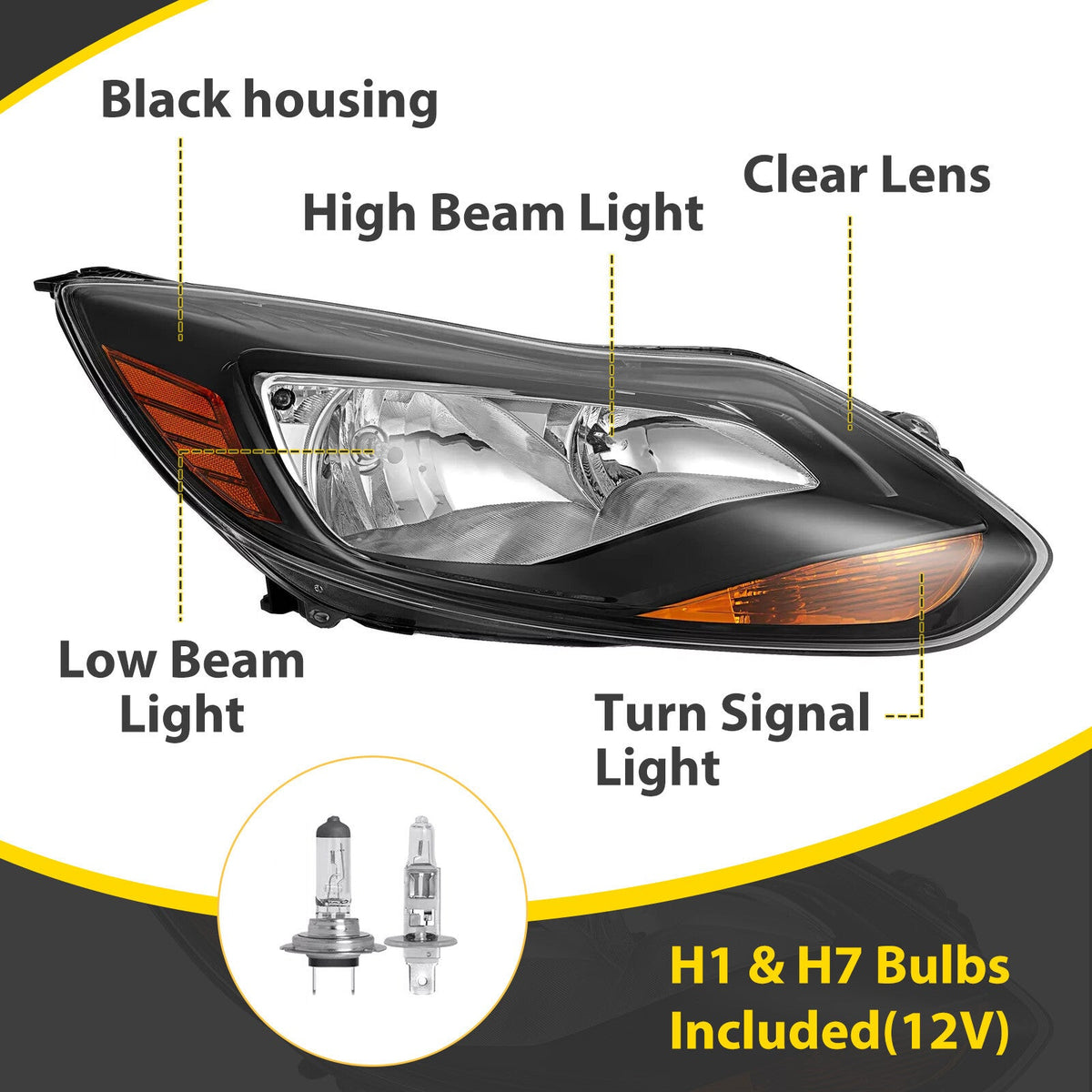 Black Right Passenger Side Headlight Clear Lens Halogen For Ford Focus 2012-2014