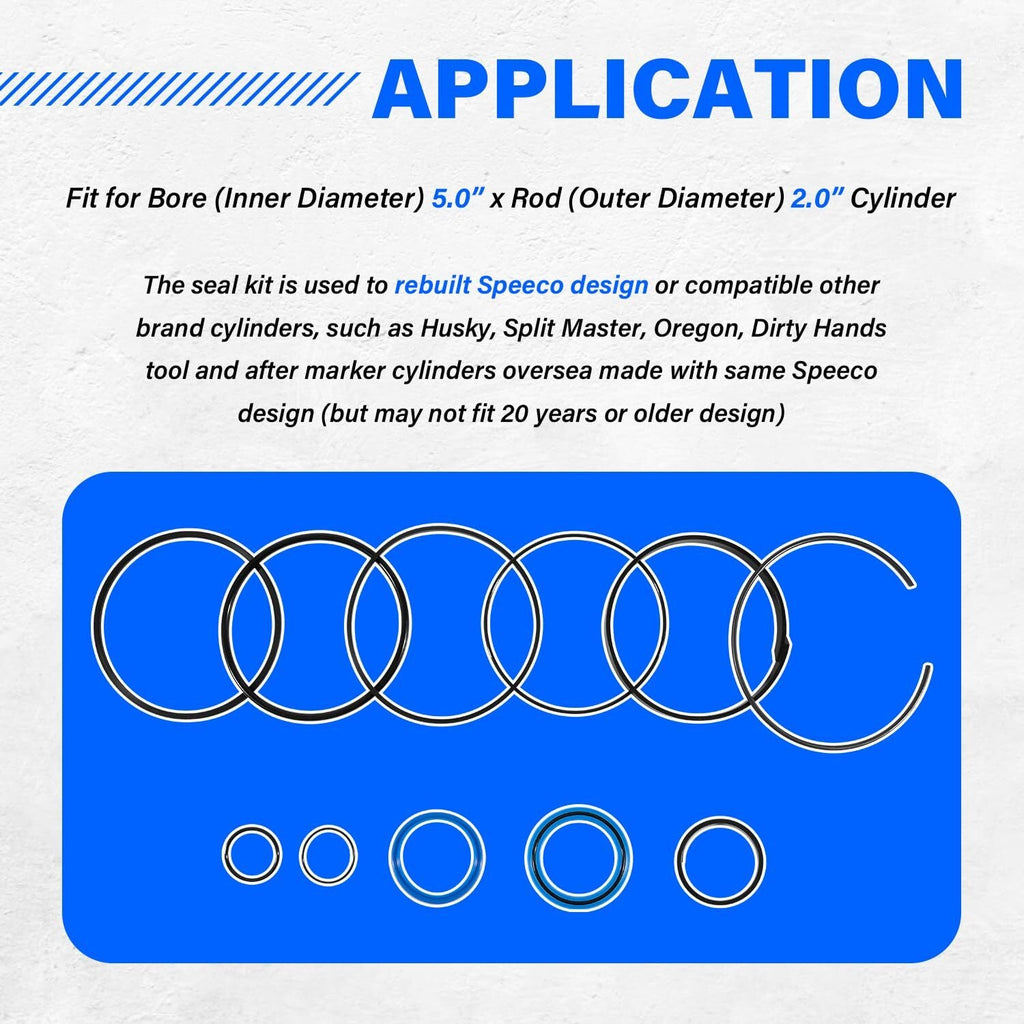 5.0" Bore x 2.0" Rod Cylinder Hydraulic Log Splitter Cylinder Rebuild Seal Kit