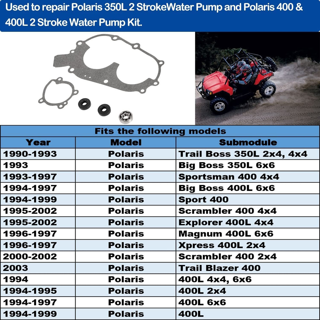 Water Pump Seals & Gaskets Rebuild Kit for Polaris 350L 400 & 400L 2 Stroke