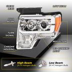 Projector Headlight Assembly Fit Ford F150 F-150 2009-2014 Chrome DRL LED Tube