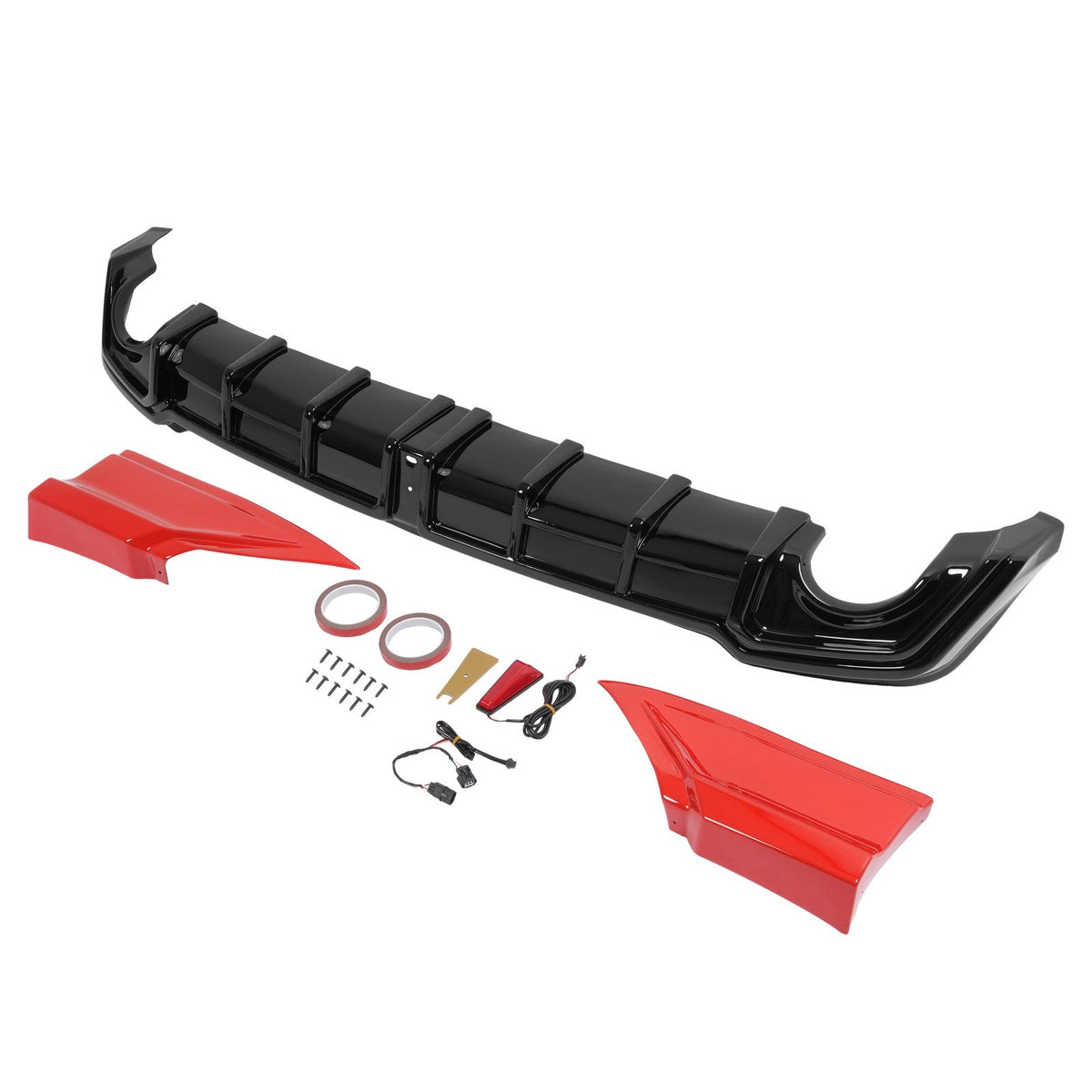For 22-26 Honda Civic Sedan Red Rear Bumper Diffuser + Corner Spat w/LED Light
