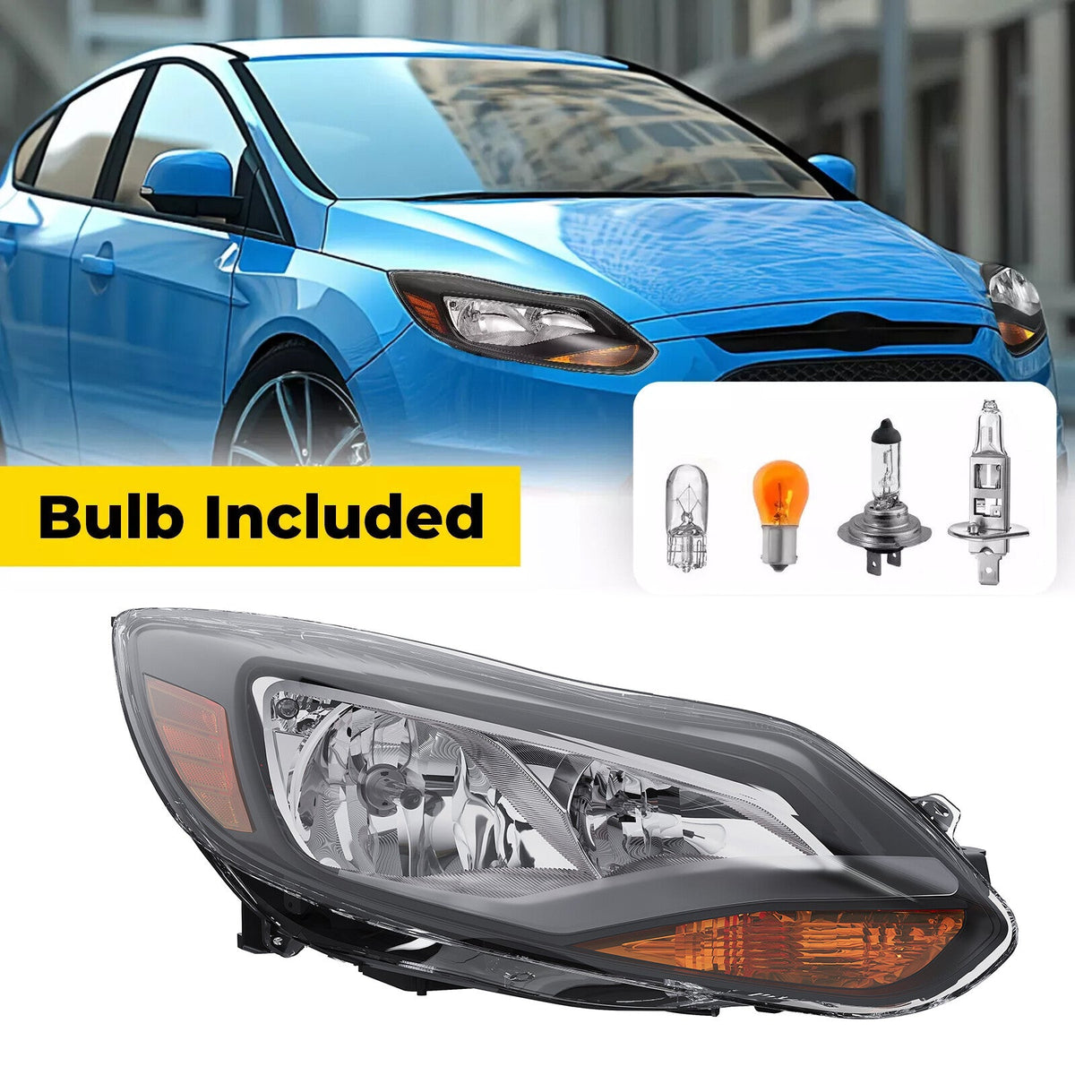 Black Right Passenger Side Headlight Clear Lens Halogen For Ford Focus 2012-2014