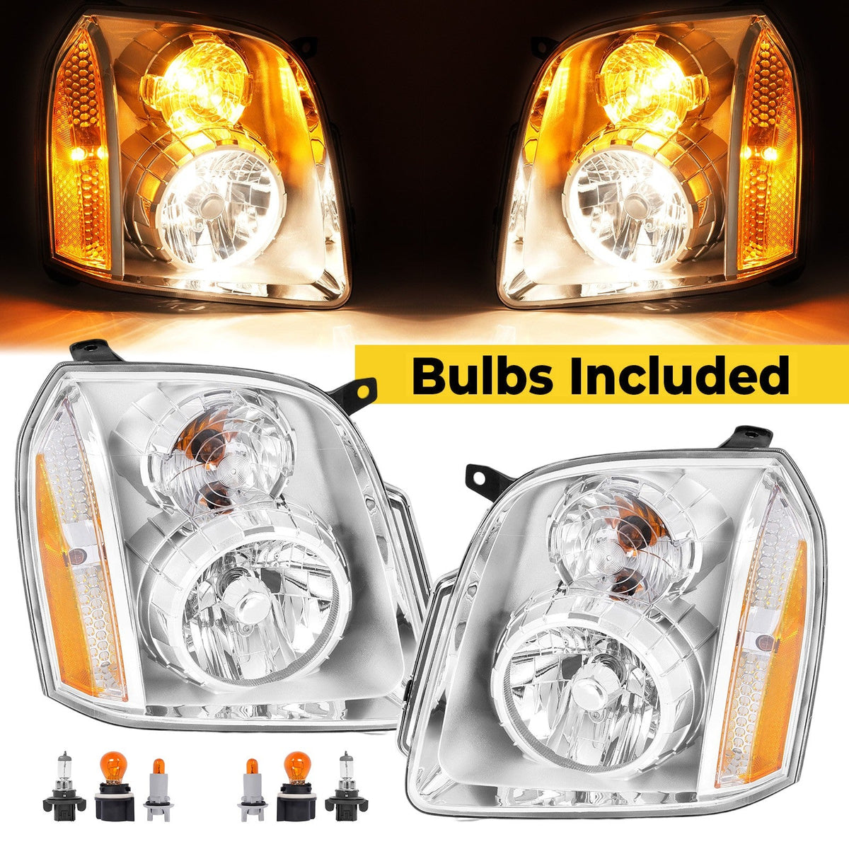 2PCS Headlights Chrome Headlamps With Bulbs For 2007-2014 GMC Yukon XL 1500 2500